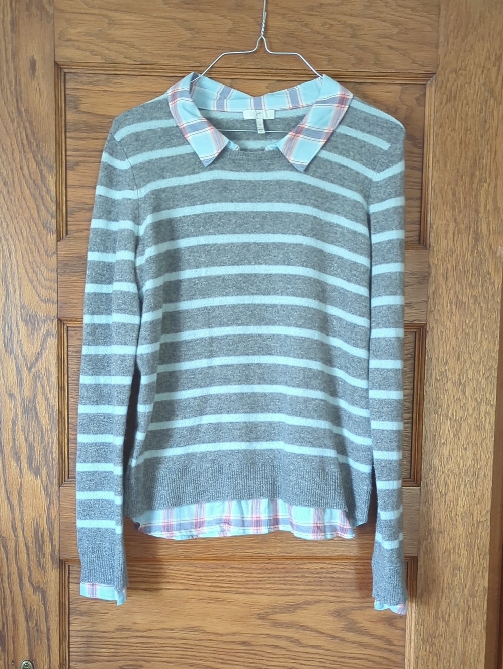 Joie Gray & Light Blue Striped Sweater with Plaid Shirt Trim Size Small